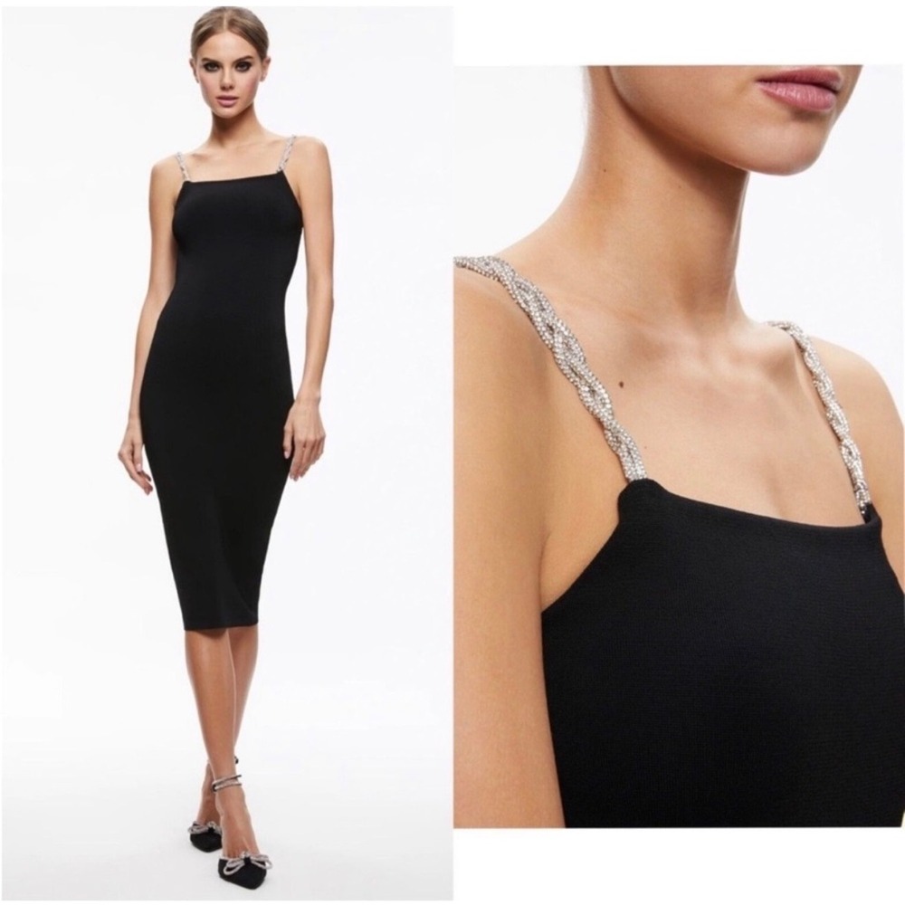 Camila Coelho Black Knit Midi‎ Dress Rhinestone Braided Straps Small  Cocktail